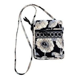 Vera Bradley Camellia Crossbody Bag Black Floral Quilted Cotton Mini Hipster